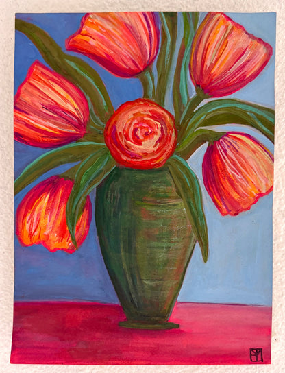 A vertical painting of vibrant red and orange tulips in a dark green vase against a blue background