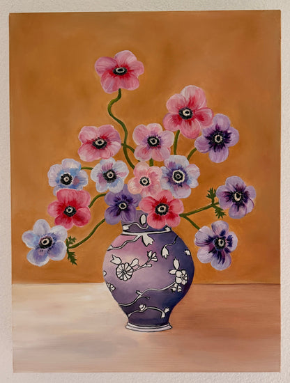 A painting of a bouquet of pink, purple, and blue anemone flowers in a purple patterned vase, set against a warm brown background