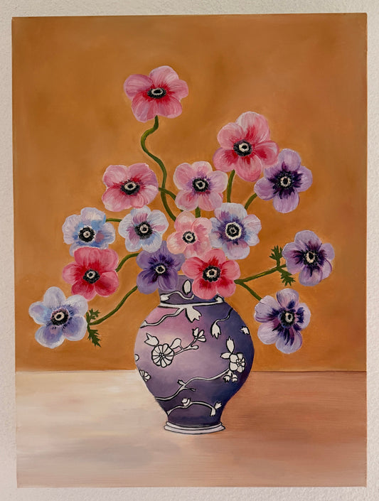 A painting of a bouquet of pink, purple, and blue anemone flowers in a purple patterned vase, set against a warm brown background