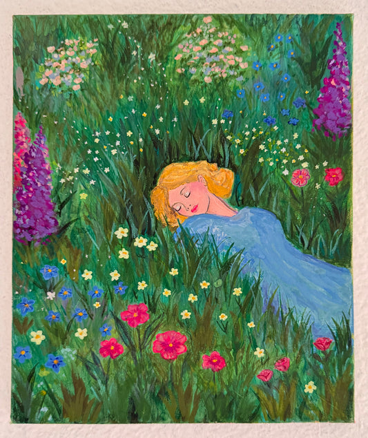 A square art print depicting a woman in a blue dress lying in a lush green meadow filled with colorful wildflowers