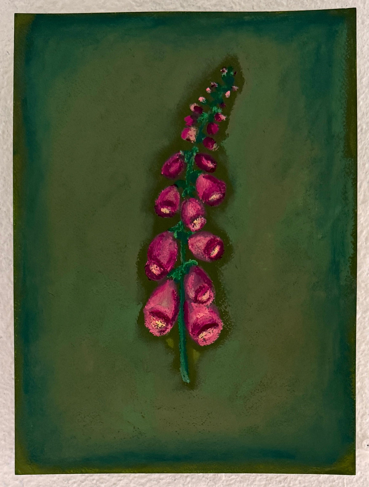 A square painted artwork hanging on a textured off-white wall, depicting a vertical cluster of pink flower buds on a dark green background.
