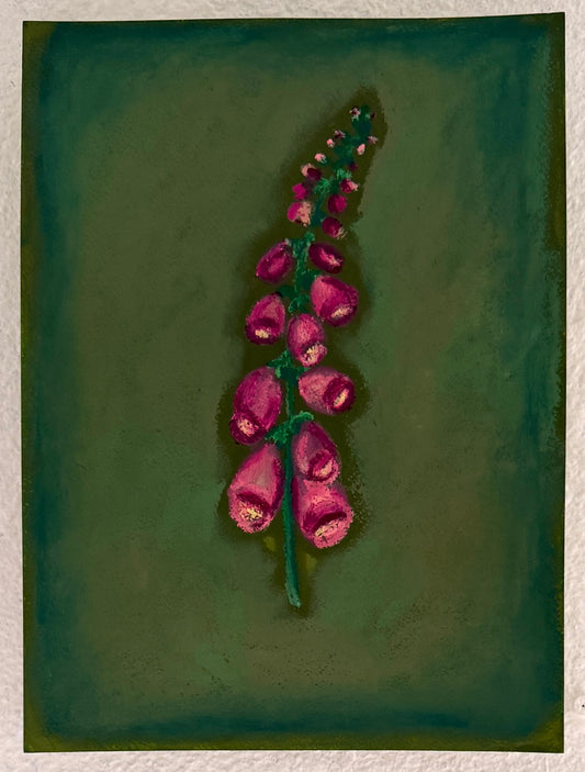 A square painted artwork hanging on a textured off-white wall, depicting a vertical cluster of pink flower buds on a dark green background.