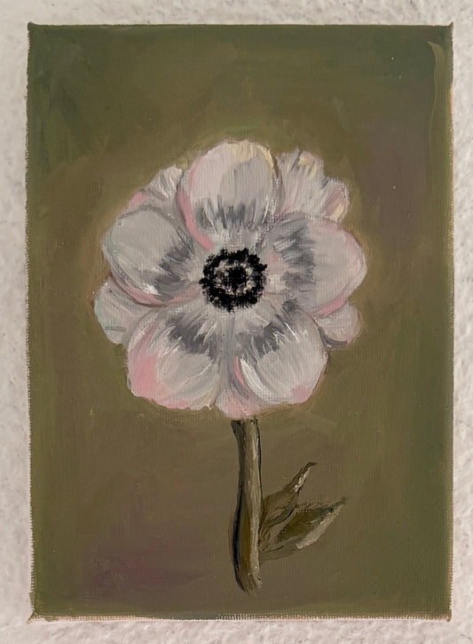 A small rectangular painting of a pale pink and white flower with a dark center on an olive green background
